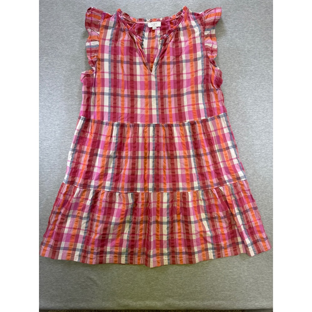 Loft Outlet Womens XL Plaid Tiered Mini Dress Pink Orange Ruffle Sleeve Cotton